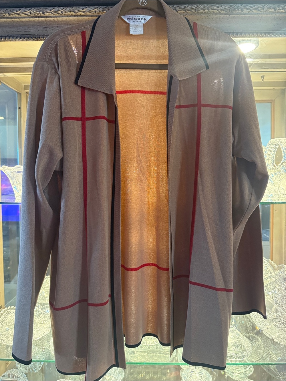 Misook Taupe Open-Front Jacket with Red Windowpane and Black Trim